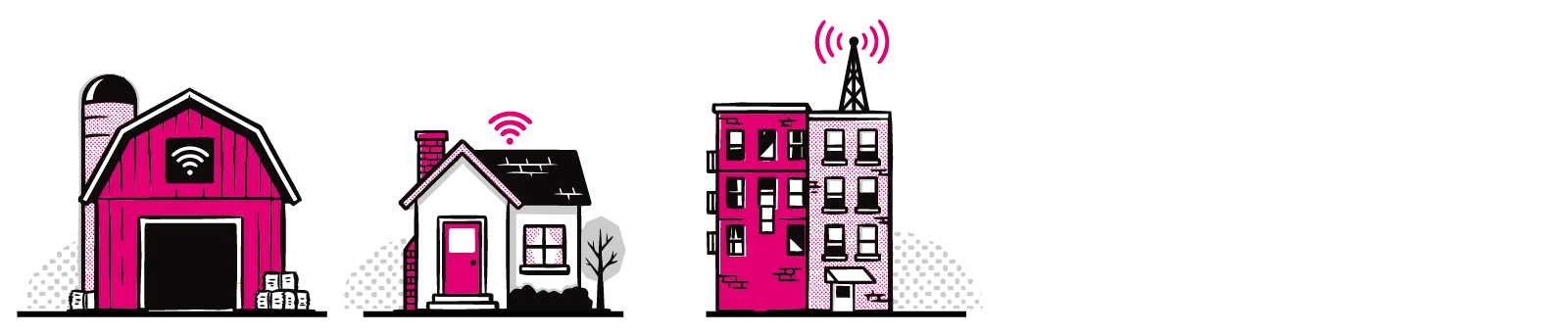 Illustration of diffent housing from Rural Barn, to Suburban small home, to Urban appartment.
